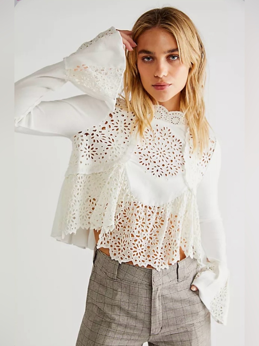 Free People Brittany Eyelet Bell Sleeve High Neck Cutout Cropped Top White S